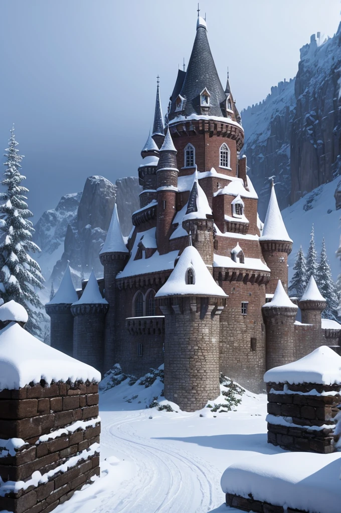 Create a drawing of a castle from a snowy medieval RPG world 