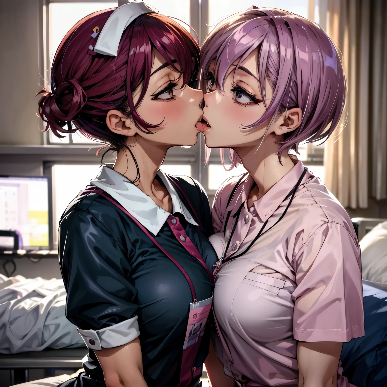 Two female nurses having fun in the hospital、lesbian mika、Greedy kiss、Yodare、tongue、Modest chest、