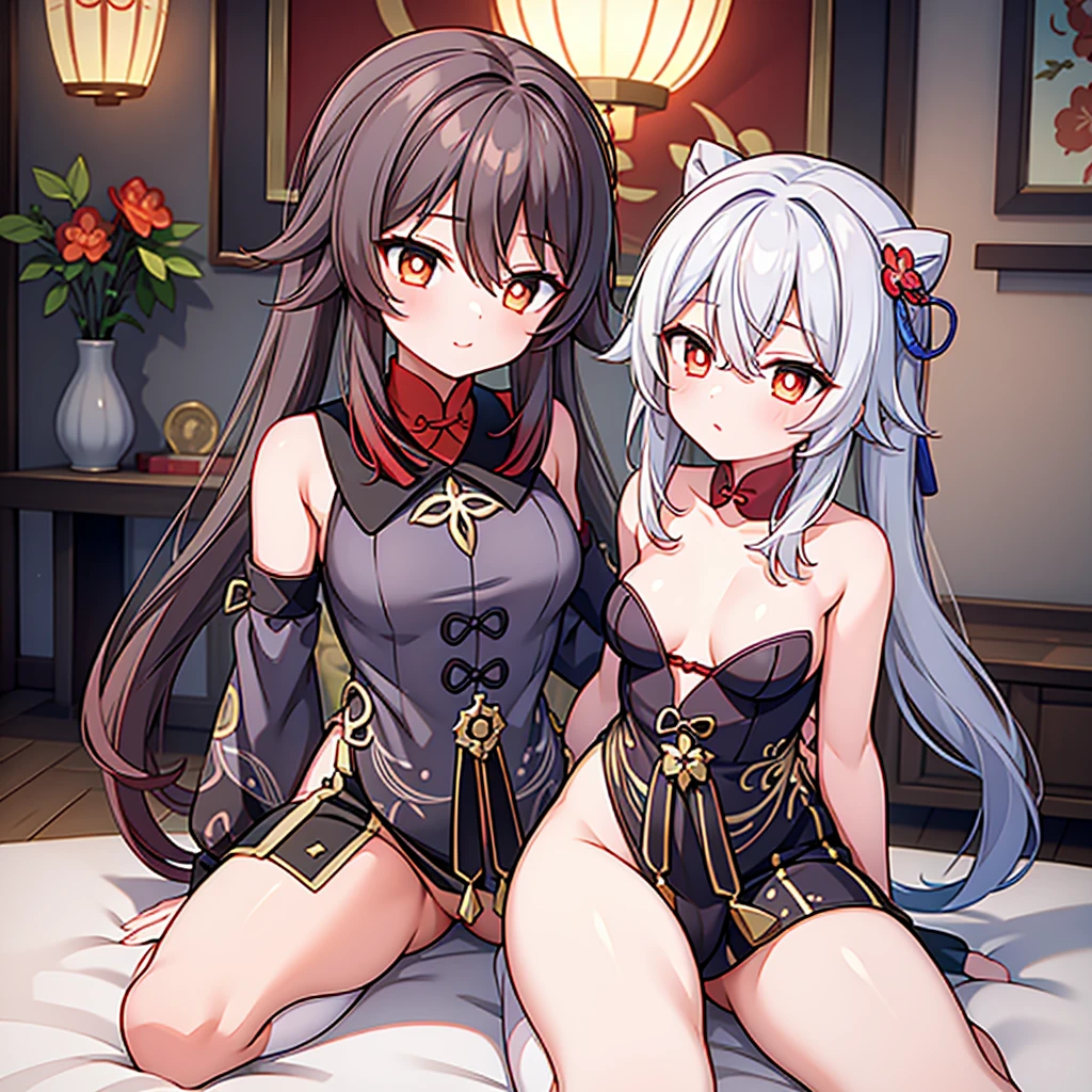 2 girls, naked, no clothes, Hutao from Genshin, lustful face