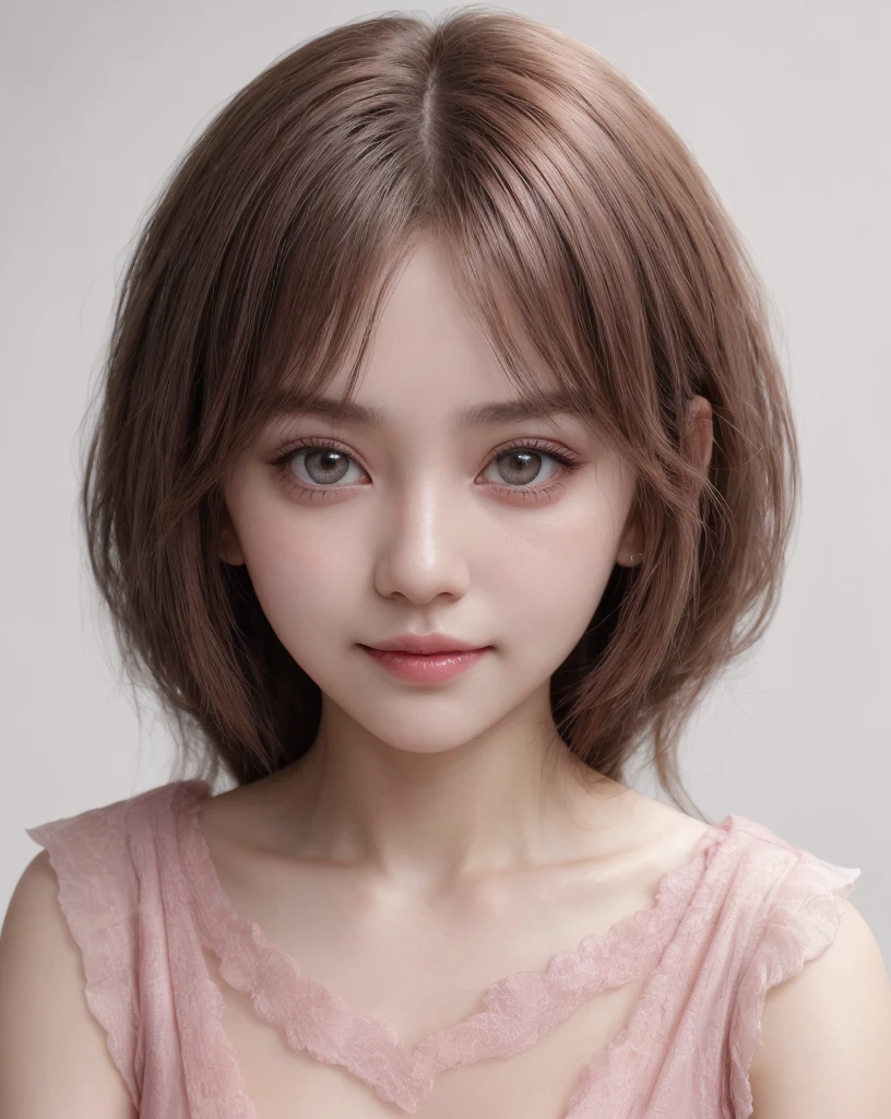 1girl, solo, portrait, simple background, dark theme, pink makeup, detailed eyes, (abs:1.1),, swept bangles, tassel, white background , transparent air,, brown ash hair, blouse, pink cheeks, half-smile, extreme_close_up, 8k, best quality, ultra highres, japanese girl, brown eyes,cute face