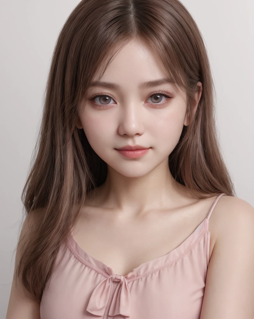 1girl, solo, portrait, simple background, dark theme, pink makeup, detailed eyes, (abs:1.1),, swept bangles, tassel, white background , transparent air,, brown ash hair, blouse, pink cheeks, half-smile, extreme_close_up, 8k, best quality, ultra highres, japanese girl, brown eyes,cute face