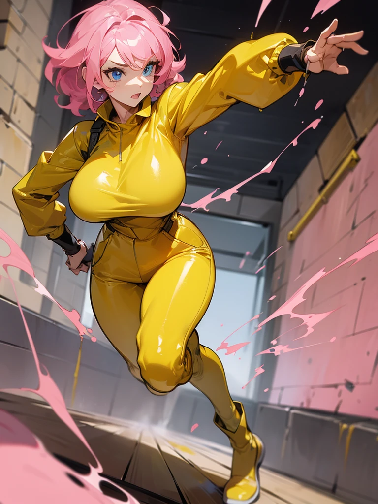 a mature woman , hero pose, big pink hair, shining blue eyes, wearing a mustard yellow jumpsuit. hero pose, big breasts35 years old, running away from an old squeegee, eye on the spectator, look at the camera