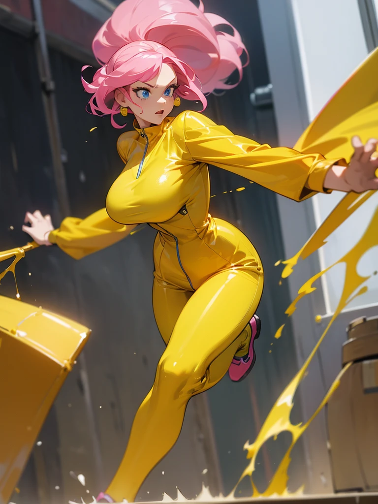 a mature woman , hero pose, big pink hair, shining blue eyes, wearing a mustard yellow jumpsuit. hero pose, big breasts35 years old, running away from an old squeegee, eye on the spectator, look at the camera