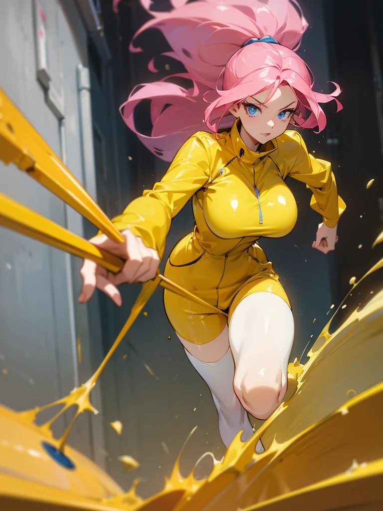 a mature woman , hero pose, big pink hair, shining blue eyes, wearing a mustard yellow jumpsuit. hero pose, big breasts35 years old, running away from an old squeegee, eye on the spectator, look at the camera