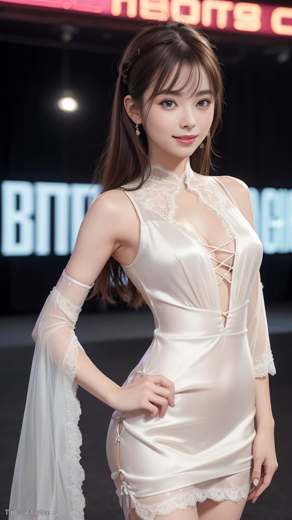 8k, Tabletop, RAW Photos, Highest quality, Realistic, 非常に詳細な CG Unity 8k 壁紙, Depth of written boundary, Cinematic Light, Lens flare, Ray Tracing, (Very beautiful face, Beautiful Lips, Beautiful Eyes), Exquisitely detailed face, ((Highly detailed skin)) One girl, In the Dark, Deep Shadow, pretty girl, Idol, 1 girl, (Very slim, lean and muscular body:1.3), ((Displaying the viewer)),(Big smile:1.3), (Pink Shirt), (No sleeve) , (Fashion Night, Dark Night, (Neon Signs), (Blurred Background), Fashion Street Night),(There is no one in the background:1.3), Beautiful earrings, Bangles, necklace, pantyhose, Clear Eyes, walk, (Pale skin), (Big eyes), Look forward, ((Full Body Shot)), ((Silk dress:1.3)),(Brown Hair),((tight lace up dress)), ((Lace dress)), (See through), (Displaying the viewer:1.3) Open chest, Very slim, Medium chest, ((Visit a theatre company)), Medium sized butt, 