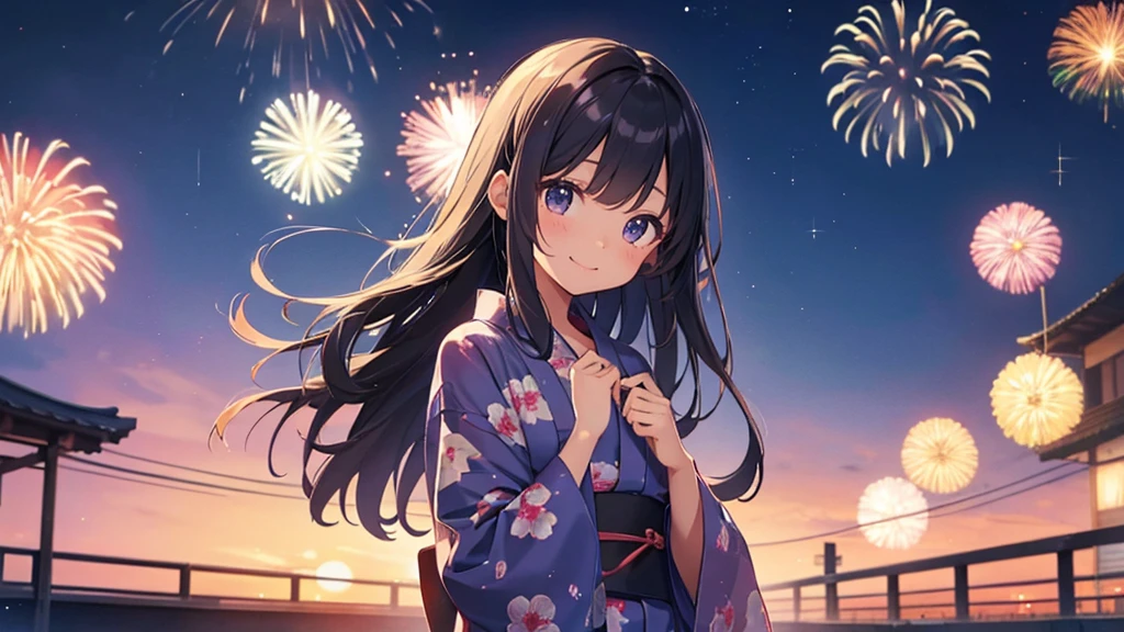 very cute、11 years old、girl、Long Straight Hair、Beautiful yukata、Night Sky、Countless fireworks、smile、