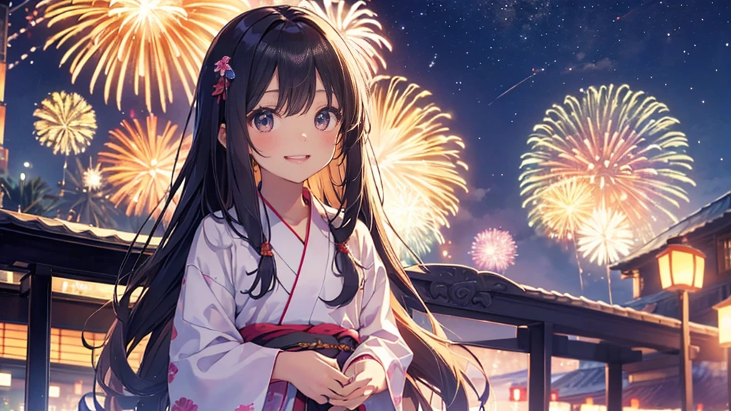 very cute、、girl、Long Straight Hair、Beautiful yukata、Night Sky、Countless fireworks、smile、