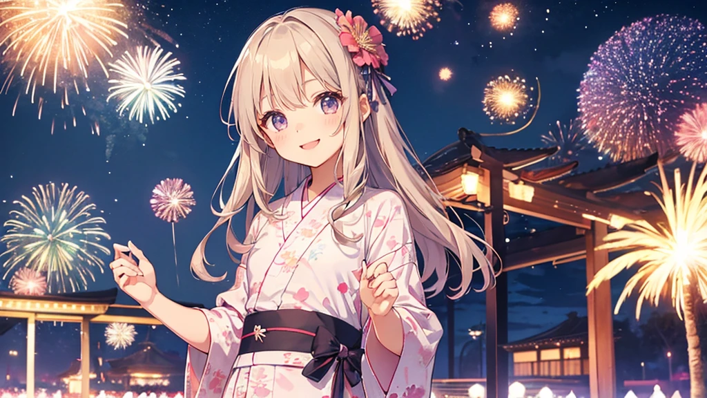 very cute、11 years old、girl、Long Straight Hair、Beautiful yukata、Night Sky、Countless fireworks、smile、