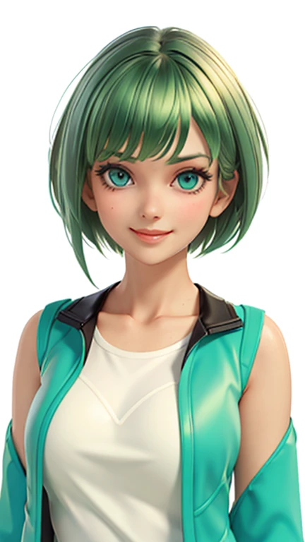 big bangs,beautiful bangs,green hair,Emerald hair,short hair,short hair,bright face,upper body up,chest up,business woman,intellectual,smile,jacket,white shirt , laughter,drooling eyes, alone,Flow of hair that extends to the face,Big light blue eyes shine charmingly,green one piece,eyeliner,Shining white skin,