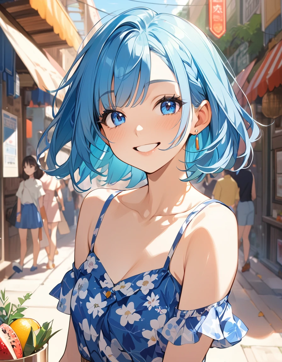 (Top quality illustrations:1.2), (pretty girl:1.1), (1 girl、、Top quality illustrations:1.2), (1 girl、smile、Medium chest、Kind eyes)、Bright blue hair、Short Bob Hair、Summer fashion、smile