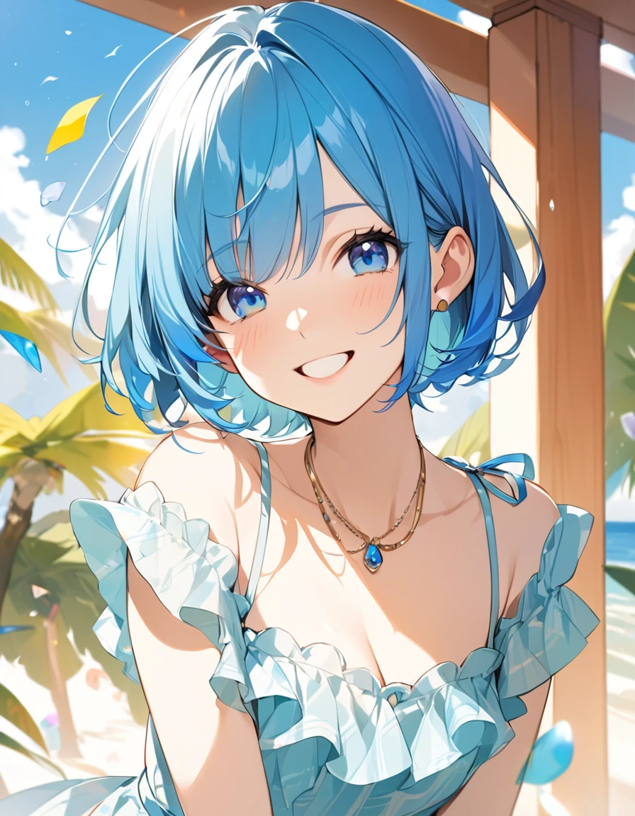 (Top quality illustrations:1.2), (pretty girl:1.1), (1 girl、17 years old、Top quality illustrations:1.2), (1 girl、smile、Medium chest、Kind eyes)、Bright blue hair、Short Bob Hair、Summer fashion、smile
