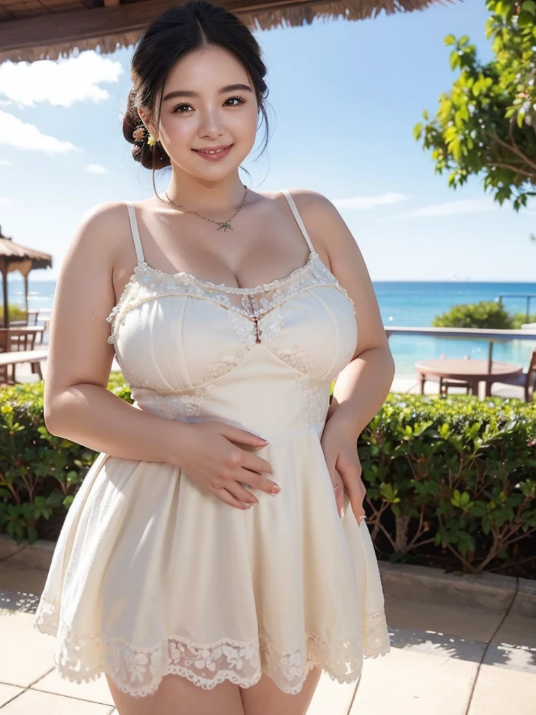 A beautiful and hot almost chubby mature woman.who is wearing a patterned short dress and is and standing in the resort. A smiling face、Sexy woman、A radiant smile、adorable、race、Frills、Colorful design、Full-length mirror、An inviting gaze、Gorgeous long and beautiful hairstyle、variation Hairstyle、Open neck blouse、Flower Garden、Sparkling、elegant princess、Highest quality、detailed、flower、Accessor、necklace、Cowboy Shot、16K、Beautiful eyes、solo, smile, Anatomically correct, High detail