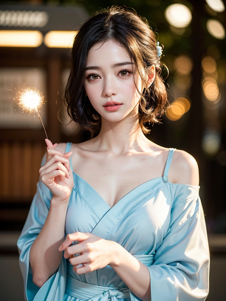 Mix 4, (8k, Live Shooting, Highest quality, masterpiece: 1.2), (Real, Photorealistic: 1.37), 一人のgirl, cute, night, rain, Wetty, Professional Lighting, Photon Mapping, Radio City, Physically Based Rendering, Gradient black hair, Gray Hair, Short Curly Hair, good looking, girl, Highest quality写真, High resolution, 1080P, (Clear Face), (Detailed face description), (Detailed hand description), (masterpiece), (Exquisite CG)、Extreme light and shadow、Disheveled Hair、Masterwork、Rich details、(Fine facial features)、(Highest qualityの写真)、(Masterpiece)、(Detailed eyes)、Look in front of you、Detailed clavicle、((Mid-breasted))、Nipple erection、Sexy、Lady、Clear、Smooth Hair、Clothes are not shiny、yukata、firework、kimono、