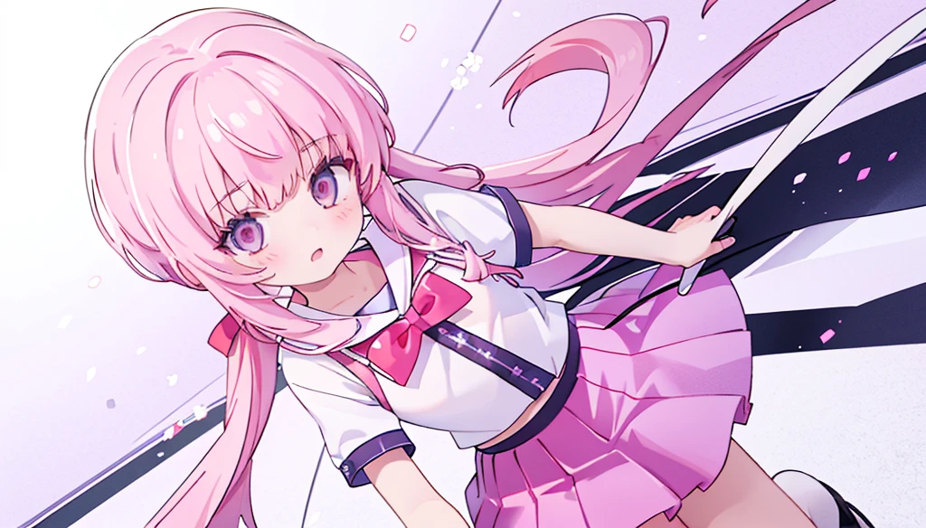 1girl,pink hair, pink eyes with love, detailed eyes, straight hair, straight bangs, shiny hair,
,red bowtie,purple skirt,purple lavender violet shirt, pleated skirt,short sleeves, high-definition,masterpiece,best quality, masterpiece, best quality, high resolution, aabeta, double, slim waist, cute, sailor uniform, ((Masterpiece, top quality, high resolution)), ((highly detailed CG unified 8K wallpaper)) basketball player, making a powerful dunk shot, seen from above, dynamic sports photo, (PastelColors: 1.3)