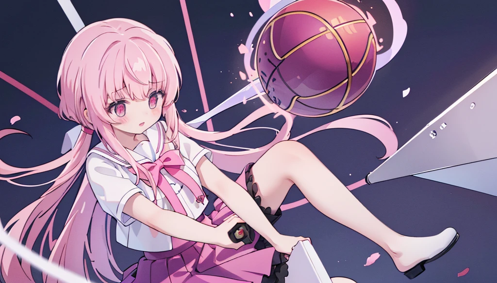 1girl,pink hair, pink eyes with love, detailed eyes, straight hair, straight bangs, shiny hair,
,red bowtie,purple skirt,purple lavender violet shirt, pleated skirt,short sleeves, high-definition,masterpiece,best quality, masterpiece, best quality, high resolution, aabeta, double, slim waist, cute, sailor uniform, ((Masterpiece, top quality, high resolution)), ((highly detailed CG unified 8K wallpaper)) basketball player, making a powerful dunk shot, seen from above, dynamic sports photo, (PastelColors: 1.3)