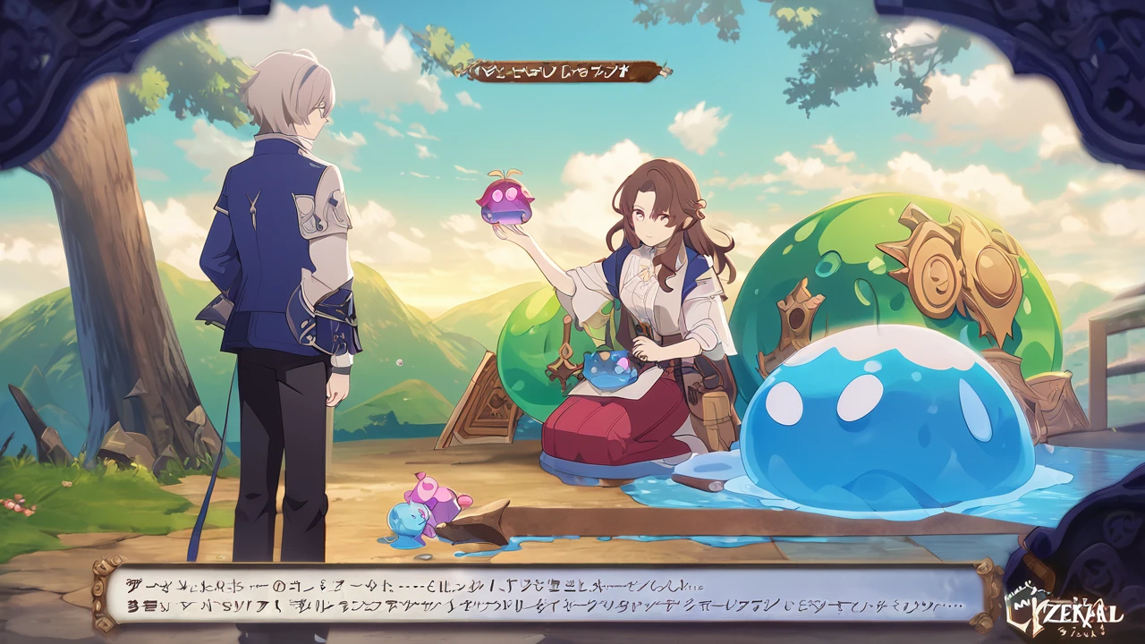 Character style, Brown hair, White mulicolored hair, Magenta eyes , Male, Man, Blue Jacket, White Shirt, Black pants, White shoes, Fantasy, Isekai fantasy, Cheat skill, skill effect, Hd, Illustration, Pixiv, Slime pet