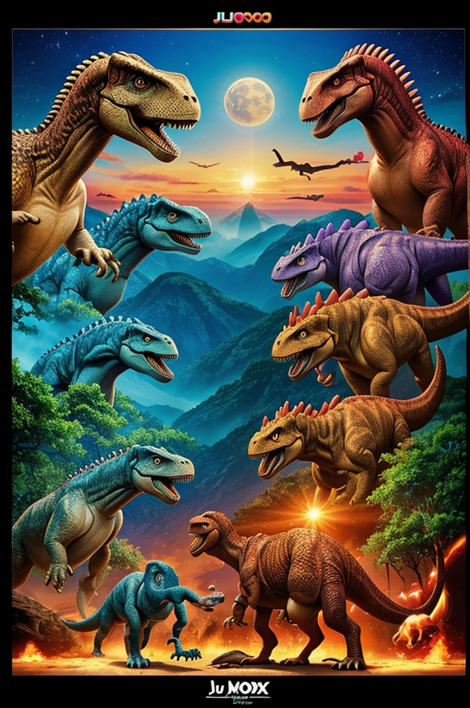 Make a poster using iconic images of dinosaurs from movies with their poses, colors and so on, so that they form a harmonious whole in terms of aesthetic color and visual balance and that they form the word July