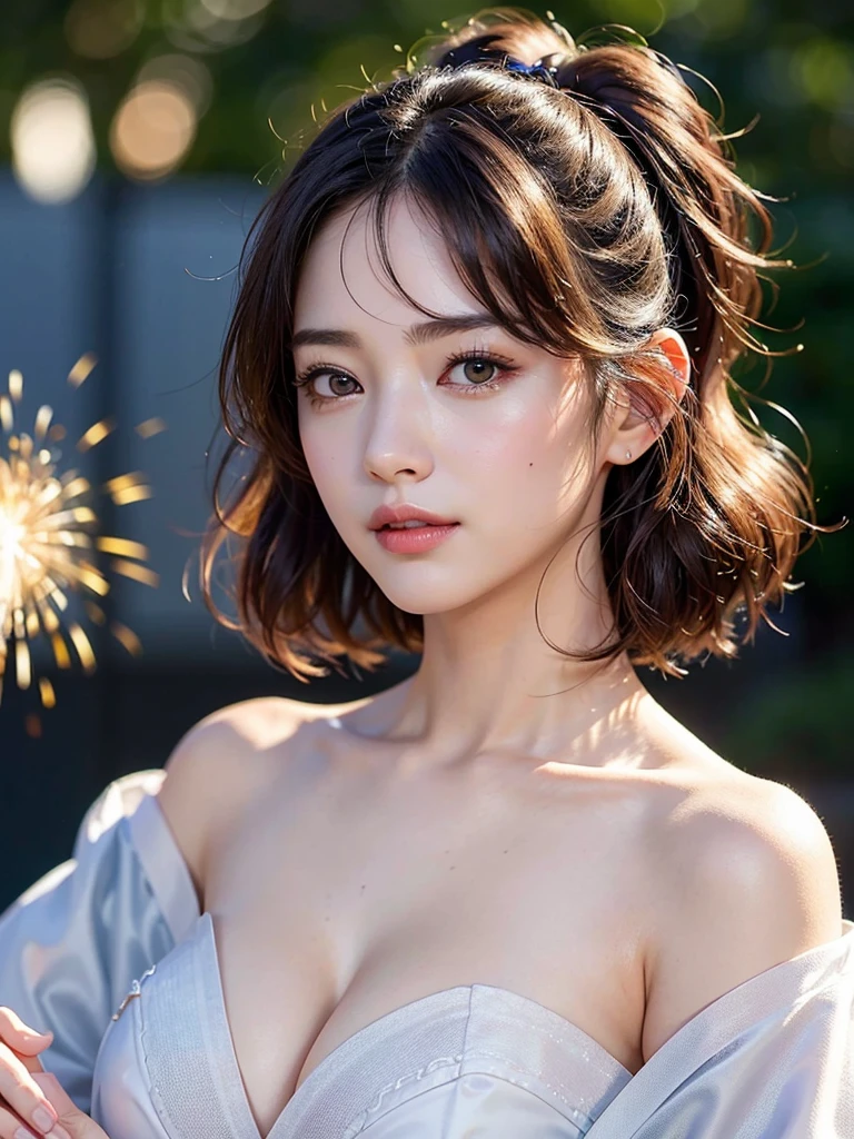 Mix 4, (8k, Live Shooting, Highest quality, masterpiece: 1.2), (Real, Photorealistic: 1.37), 一人のgirl, cute, night, rain, Wetty, Professional Lighting, Photon Mapping, Radio City, Physically Based Rendering, Gradient black hair, Gray Hair, Short Curly Hair, good looking, girl, Highest quality写真, High resolution, 1080P, (Clear Face), (Detailed face description), (Detailed hand description), (masterpiece), (Exquisite CG)、Extreme light and shadow、Disheveled Hair、Masterwork、Rich details、(Fine facial features)、(Highest qualityの写真)、(Masterpiece)、(Detailed eyes)、Look in front of you、Detailed clavicle、((Mid-breasted))、Nipple erection、Sexy、Lady、Clear、Smooth Hair、Clothes are not shiny、yukata、firework、kimono、