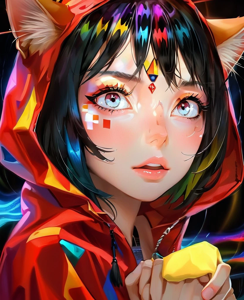atmosphere Devil horror In a mesmerizing cascade of color and light, an enchanting anime girl Sensual yall gold cats candroites viewers with her ethereal beauty Nordic black neon sarada Her delicate features are framed by cascading locks of shimmering arrepiado Short Arco íris hair, her wide, expressive eyes big red Neon radiating with emotion. A digital painting brings this stunning character to life, depicting her in intricate detail with a seamless blend of realism and f