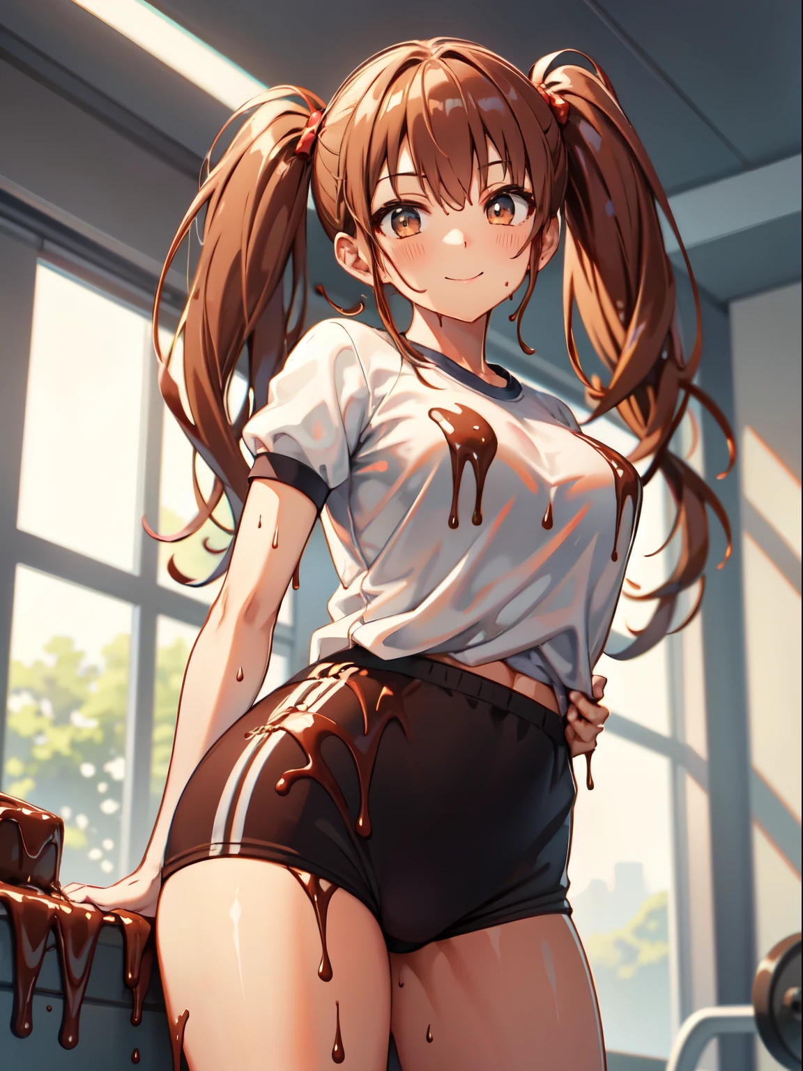 (ChocolateWetStyle:1.3), buruma, brown buruma, (Short sleeve gym uniform), School, Ground, One girl, smile, Twin tails, (Arms at your sides), Are standing, No background, Cowboy Shot, ((Highest quality)), ((masterpiece)), (detailed), Perfect Face, Perfect Arms, Perfect hands, Perfect Fingers, anime, Ultra-fine illustration,