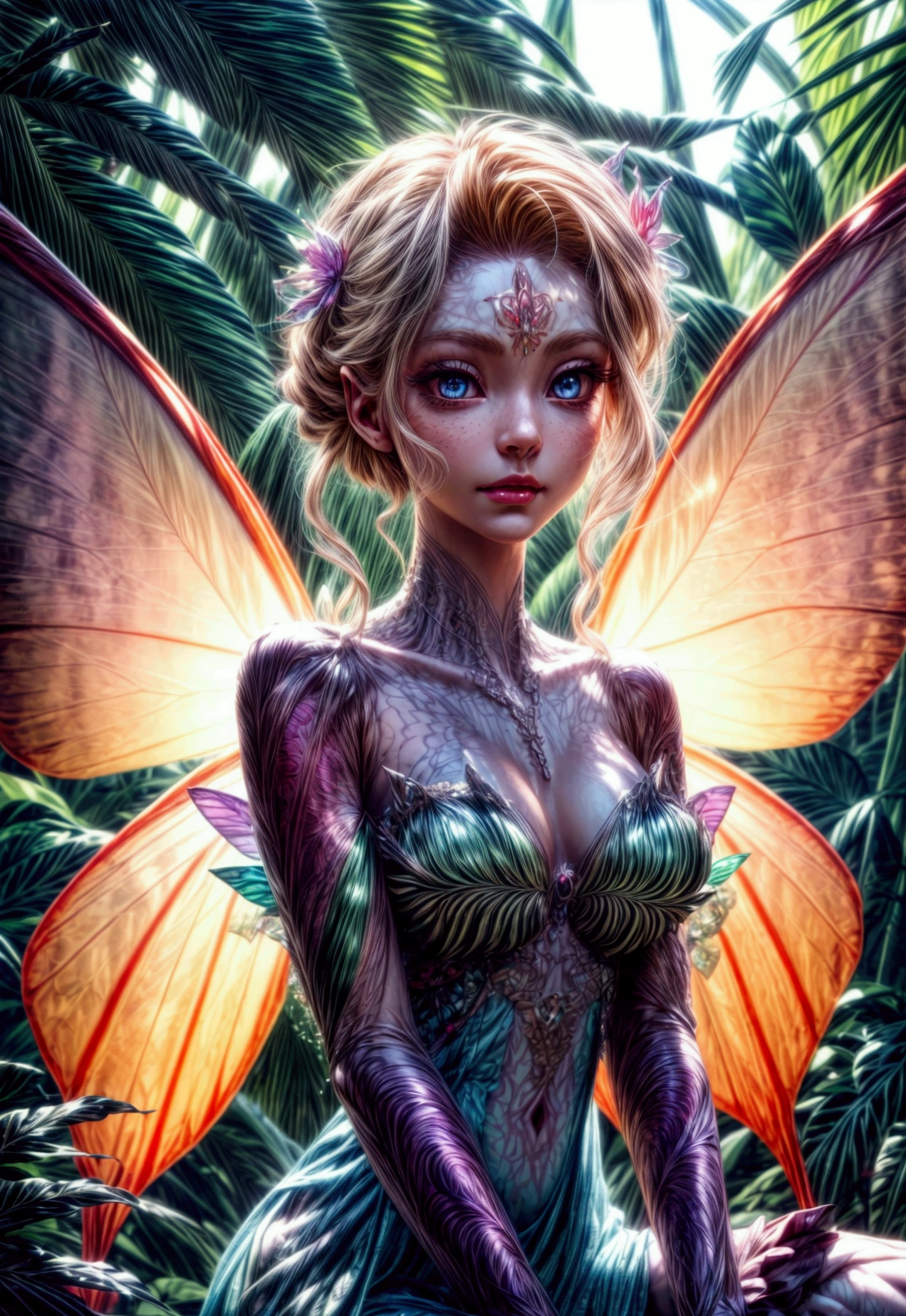 a picture of a jungle fairy, an extraordinary beautiful, elegant beauty, divine beautiful fairy, ((anatomically correct: 1.5)) spread butterfly wings, blue and purple wings, pink eyes, glowing eyes, (ultra detailed face: 1.2), best detailed face,  blond hair, rich hair, wavy hair, glamour dress, wild dress, dress decorated with jungle flowers,  sitting on massive heliconia tree the rain forest, sun rays coming through the trees, Hyperrealism style, vibrant, Ultra-high resolution, High Contrast, (masterpiece:1.5), highest quality, Best aesthetics), best details, best quality, highres, ultra wide angle, 16k, [ultra detailed], masterpiece, best quality, (extremely detailed) RAW, chumbasket art style, FairyTaleAI, fairy wings, Comistyle 