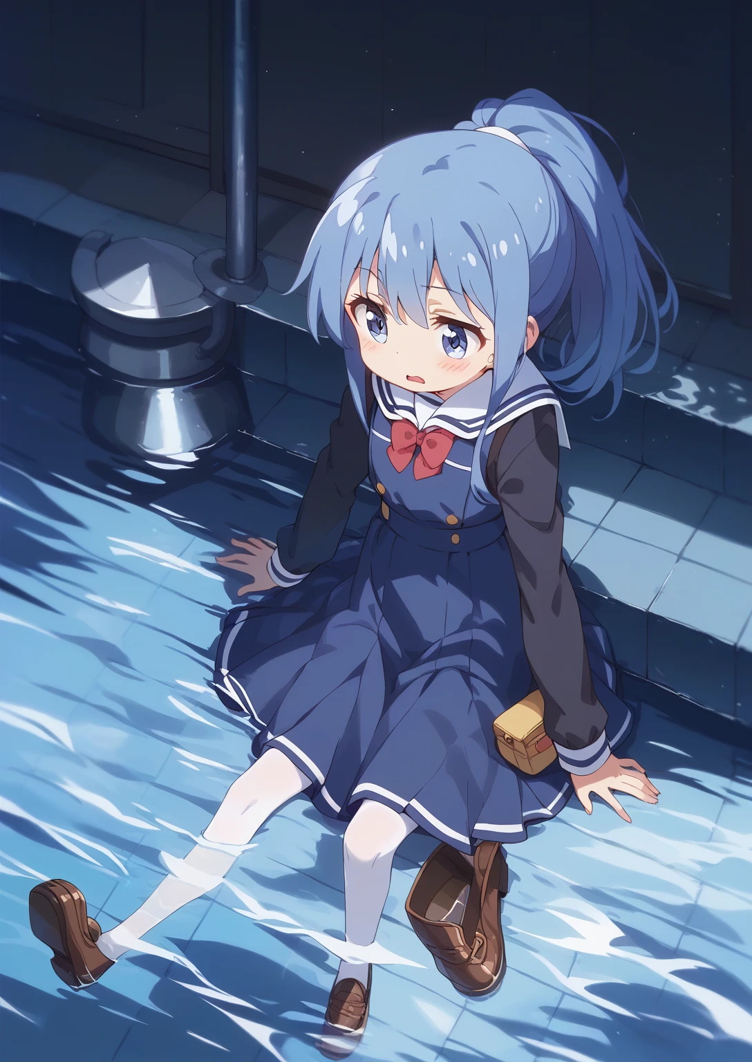 score_9, score_8_up, score_7_up, source_アニメ, masterpiece, 1girl, watahana, school uniform, blue dress, sailor dress, pinafore dress, white sailor collar,white shirt, red bowtie, long sleeves, flat chest, white pantyhose, loafers, from above, indoors, shiny hair, cuteポーズ, (Completely flooded)、((The skirt spreads over the water surface.))、(Drowning), Immersed in water、Transparent pool, Water Play, Primary school students、Skirt fully open、Long wide skirt、cute、blush、Watery eye、Lots of water、Wet