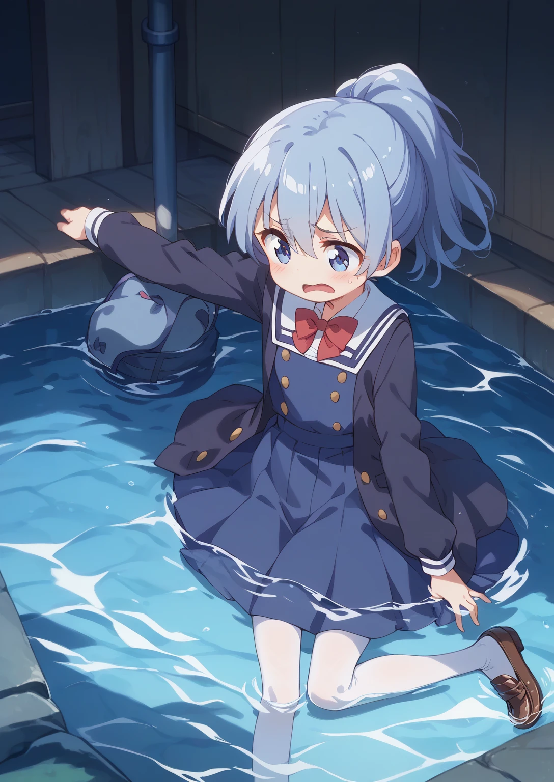 score_9, score_8_up, score_7_up, source_アニメ, masterpiece, 1girl, watahana, school uniform, blue dress, sailor dress, pinafore dress, white sailor collar,white shirt, red bowtie, long sleeves, flat chest, white pantyhose, loafers, from above, indoors, shiny hair, cuteポーズ, (Completely flooded)、((The skirt spreads over the water surface.))、(Drowning), Immersed in water、Transparent pool, Water Play, Primary school students、Skirt fully open、Long wide skirt、cute、blush、Watery eye、Lots of water、Wet