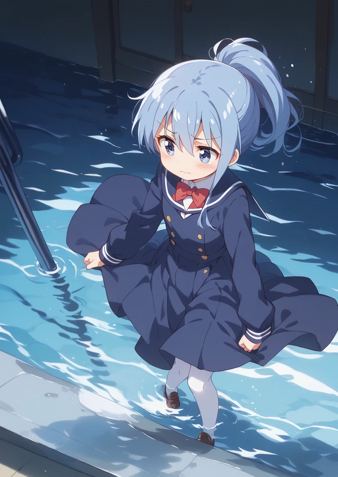 score_9, score_8_up, score_7_up, source_アニメ, masterpiece, 1girl, watahana, school uniform, blue dress, sailor dress, pinafore dress, white sailor collar,white shirt, red bowtie, long sleeves, flat chest, white pantyhose, loafers, from above, indoors, shiny hair, cuteポーズ, (Completely flooded)、((The skirt spreads over the water surface.))、(Drowning), Immersed in water、Transparent pool, Water Play, Primary school students、Skirt fully open、Long wide skirt、cute、blush、Watery eye、Lots of water、Wet