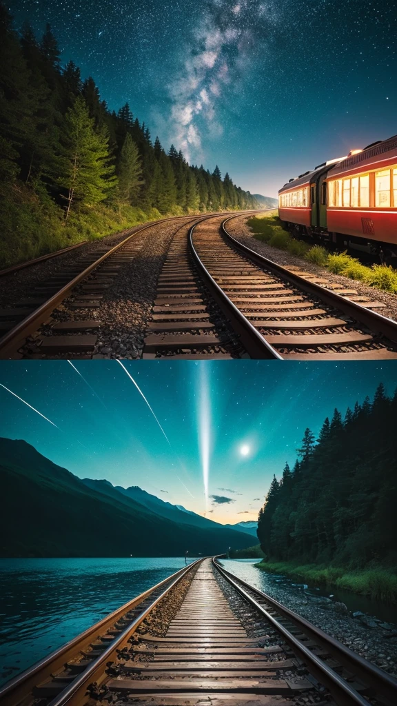 High quality masterpiece, landscape, cloud, Animated train passing through a body of water on distant tracks, Bright starry sky. Traveler, Romantic Light, Pixiv, Concept Art, Lofi Art Style, reflection. Makoto Shinkai, Roffie Art, Beautiful anime scene, アニメのlandscape, 詳細なlandscape — 幅 672, Makoto Shinkai&#39;s Style, Makoto Shinkai&#39;s Style, Enhanced Details.  