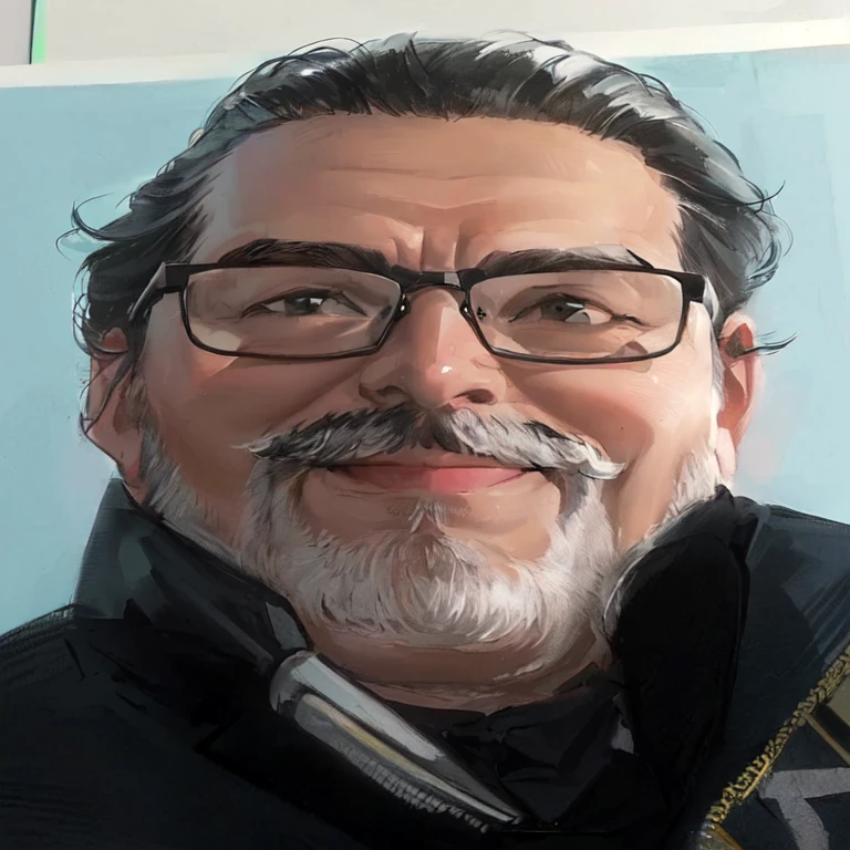 there is a man with glasses, with little beard and little mustache looking at the camera, smiling, two-dimensional plan drawing, highlighted edges, you color with high contrast, retro style drawing from the 80s.