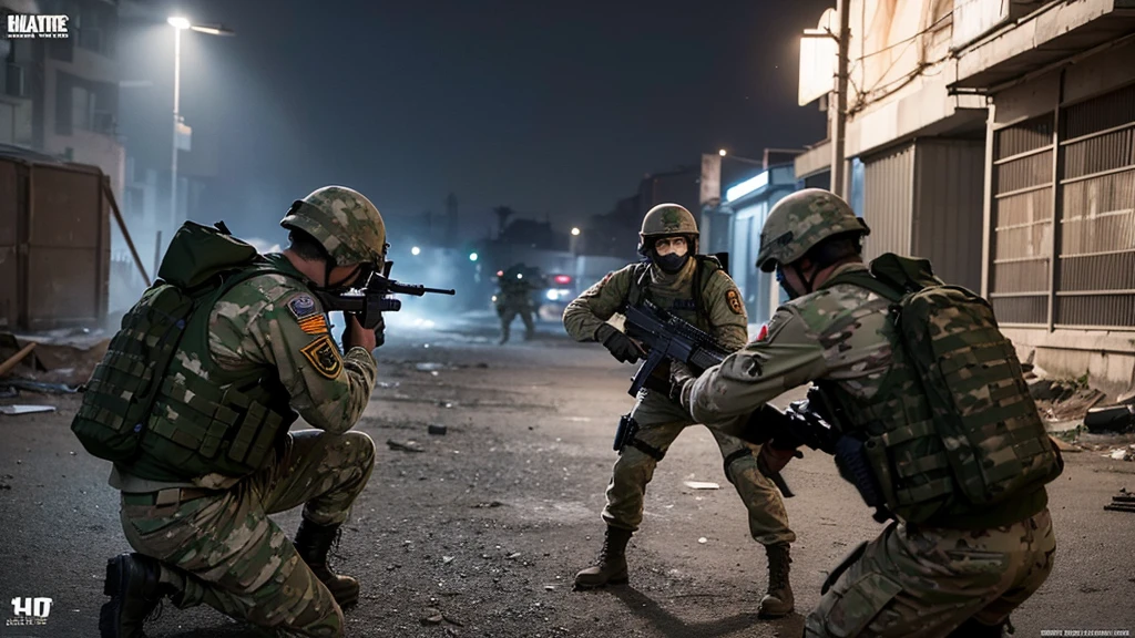 Create a high-resolution 4K image using a realistic engine that depicts a group of soldiers in an intense urban combat scenario, reminiscent of games like Call of Duty: Modern Warfare and Call of Duty: Black Ops. The scene should feature several soldiers equipped with modern military gear, including helmets, night vision goggles, tactical vests, and rifles. The soldiers should be dressed in camouflage uniforms suitable for urban warfare.Position the soldiers as if they are moving cautiously through a war-torn urban area, with damaged concrete walls and rubble in the background. Some soldiers should be aiming their weapons forward, suggesting they are in the midst of a firefight or preparing for one. The body language and positioning should indicate coordination and training.Ensure the visual quality is 4K ULTRA HD, with realistic textures and detailed character models. The lighting should be lifelike, with realistic shadows and highlights that add depth and a three-dimensional feel to the scene. Include subtle visual effects such as smoke and dust to enhance the chaotic and gritty atmosphere of the urban battlefield.