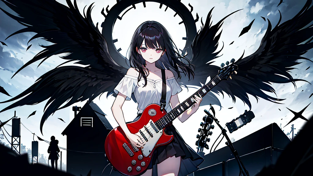 A dark-haired woman is holding a guitar