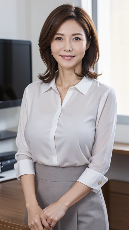 Full Body Shot，，40 years old，Mature Woman,detailedな目，Wrinkles around the eyes，A kind smile,,(masterpiece:1.3, Highest quality), 複雑なdetailed, Written boundary depth，detailed, (Elegant Good 1.２)、((Large Breasts:1.2))（White blouse with collar)，(Grey tight skirt)、8k,Highest quality, masterpiece, Ultra-high resolution,, (Short Bob)、Office desk、Internal Floor、Bright afternoon sunshine、A gentle smile、A gaze that seduces viewers、