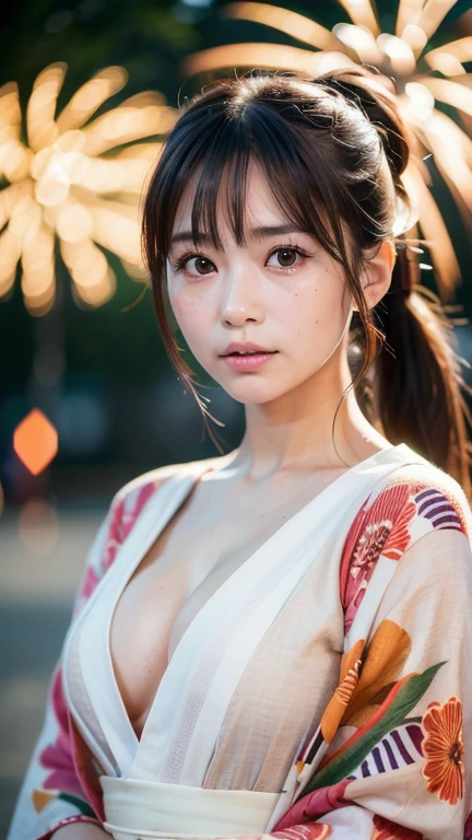 Highest quality, Face Focus, Soft Light, Ultra-high resolution, (Realistic:1.4), RAW Photos,
1 Japanese girl, alone, cute, (pupil, Light in your eyes),  Beautiful face in every detail, (Detailed eye resolution),(High resolution detail of human skin texture),
(forehead、ponytail),
Small breasts、((yukata、Fireworks display))、Rukutama、Open your mouth a little、freckles、sulking、cleavage 、
(Portraiture)