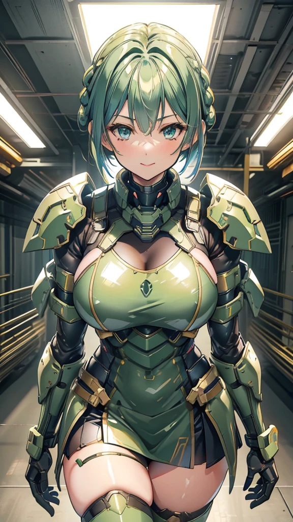 Military green translucent armor,Arm mecha,light blue short hair,Braided hairstyle,Large Breasts,Cleavage,Pistol hanging from waist,fighter pilot,fighter hangar,Sexy,Lipstick,miss,Golden Eyes,stockings,Short skirt,Smile