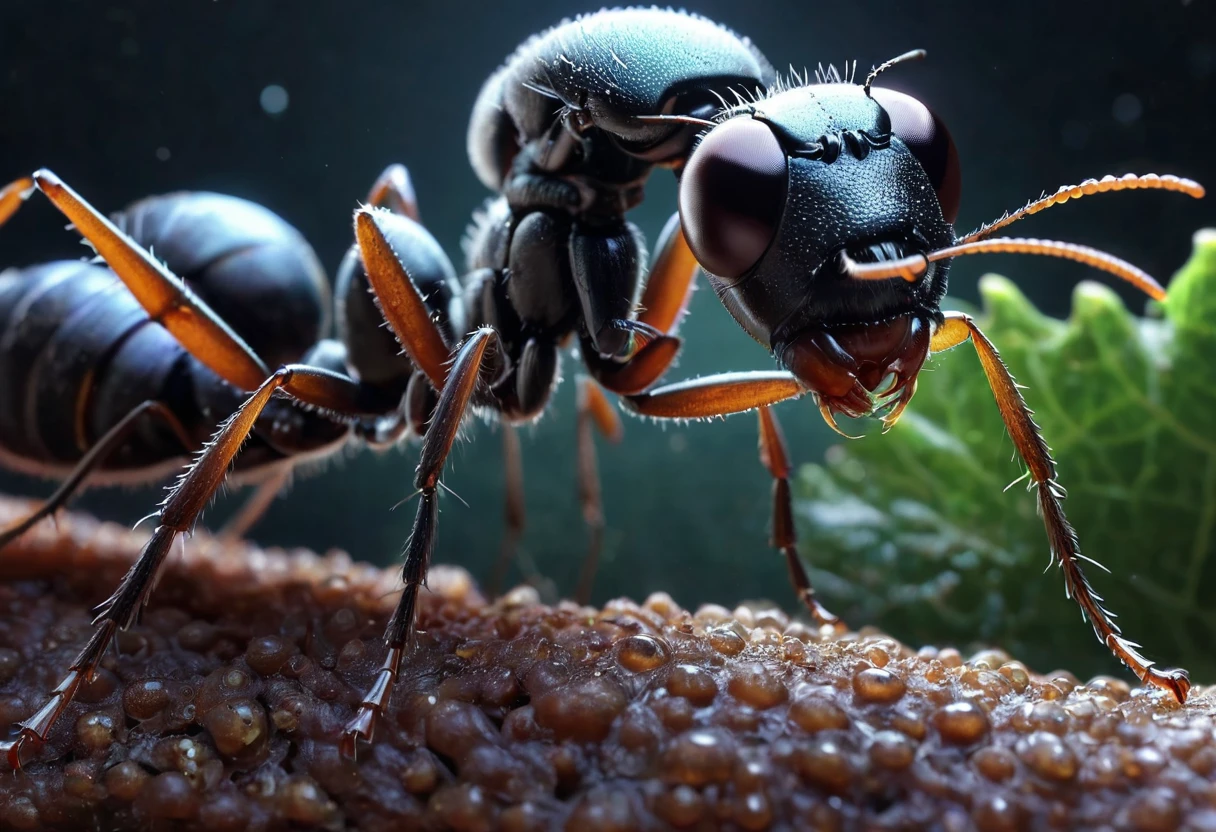 The ant attacks the worm with its huge mandibles, from which emerges a stream of glowing filaments that form a complex pattern around them, reminiscent of the crystalline structure of a distant planet., hyperrealism, 8k