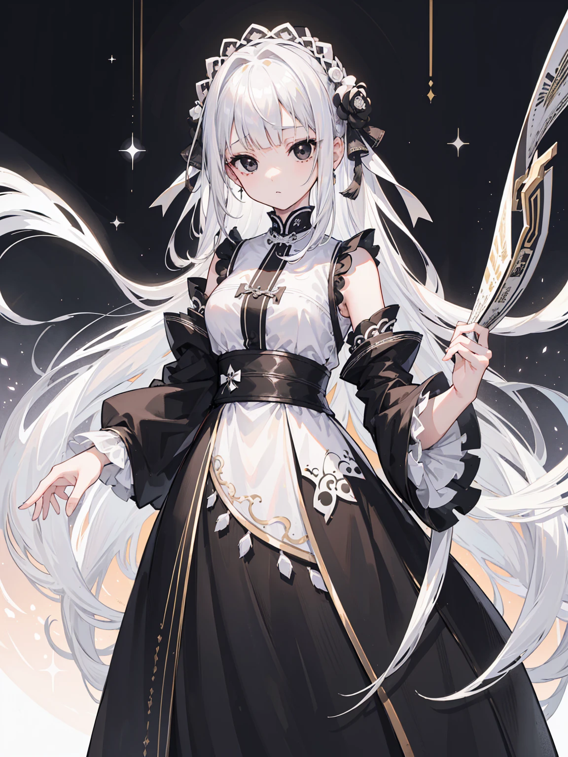 (Top image quality)、(Very detailed)、(Facing forward)、Top quality、masterpiece、(((1 girl )))、Silver Hair、White hair、((Long hair))、Weaving、(black eyes:1.6)、(White and black cheongsam)、Lots of decorations、Lots of ribbons、White Ribbon、Haggard、Fluffy loose hair