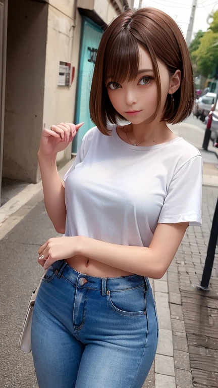 Tight white short-sleeved T-shirt showing the navel、(Slim Damaged Jeans)、sneakers、1 slender girl、Bob Hair、Brown Hair、Medium breast、Walking around town、Masterpiece 1.3、Raw photo、Masterpiece、Detailed Background、