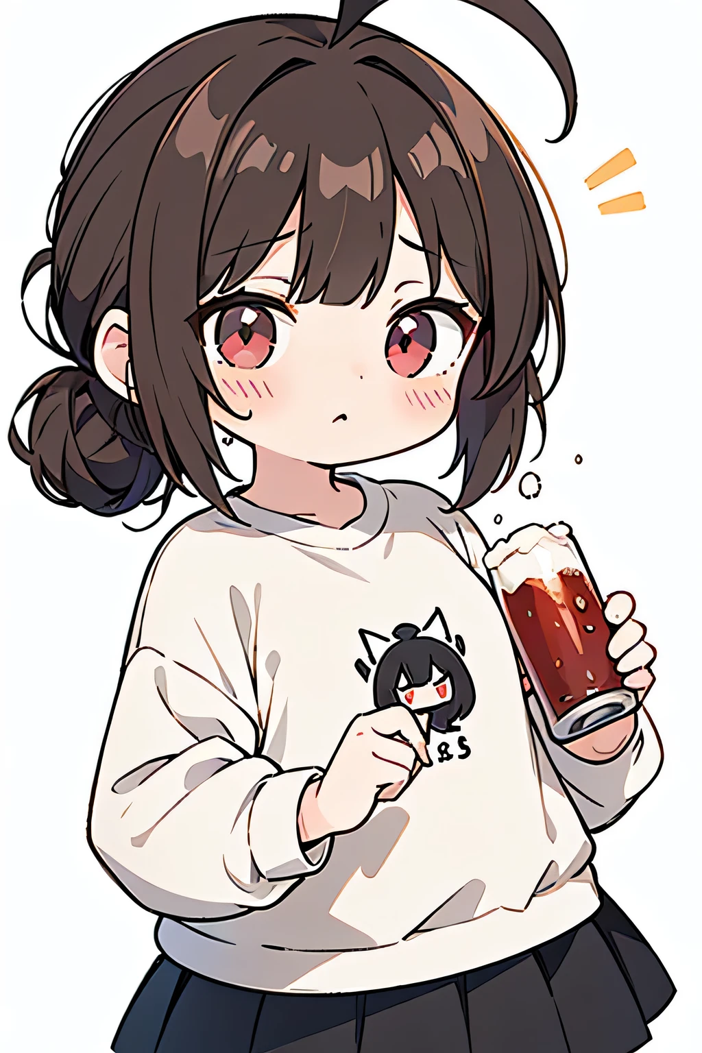 masterpiece, best quality, detailed, ((( 1 drunk girl ))), ( light brown hair ) , ( single chignon hairstyle:1.3 ), ( the bangs are even:1.3 ), ahoge , small breasts , ( oversized white sweatshirts on tight black inner:1.3 ) , short length black skirts , big gray sneaker , white ankle socks , slender style, ( facing the front ) , ( blush deep drunk face:1.2 ) , ((( chibi character ))) , upper body , ( from front:1.3 ) , deep red big eye , ( simple white background:1.3 ) , ( have alcohol can )