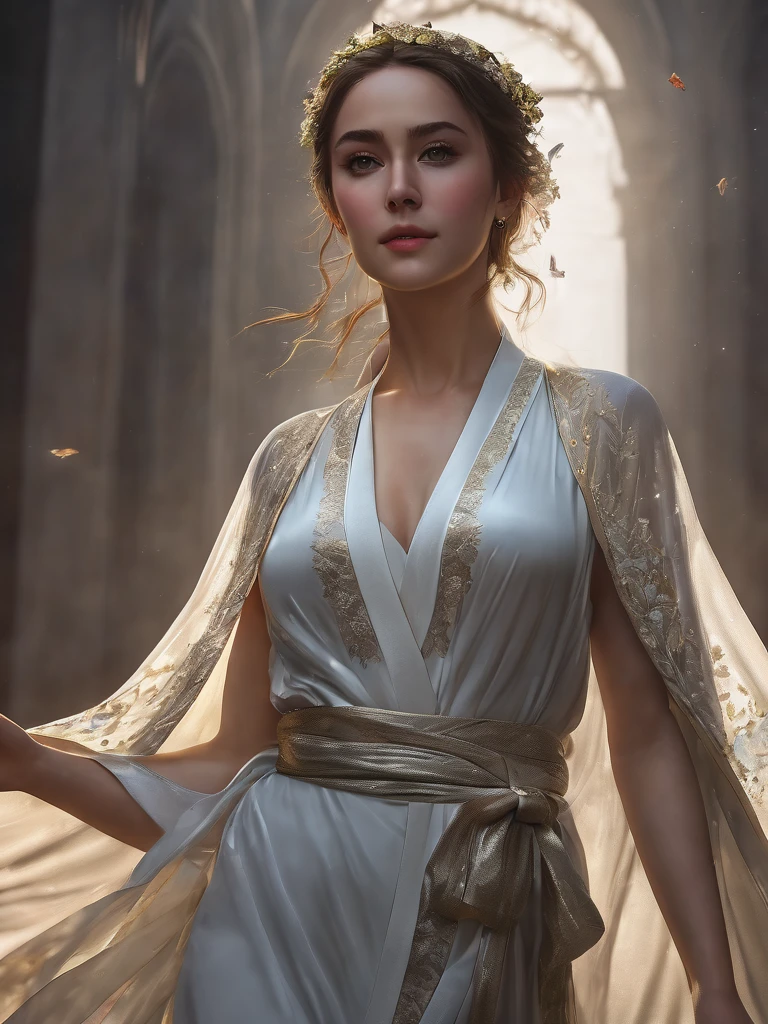 ((Masterpiece, top quality, high resolution)), ((highly detailed CG unified 8K wallpaper)), young woman, full body, fluttering thin robe wrapped around body, (photorealistic), nipples through robe,
