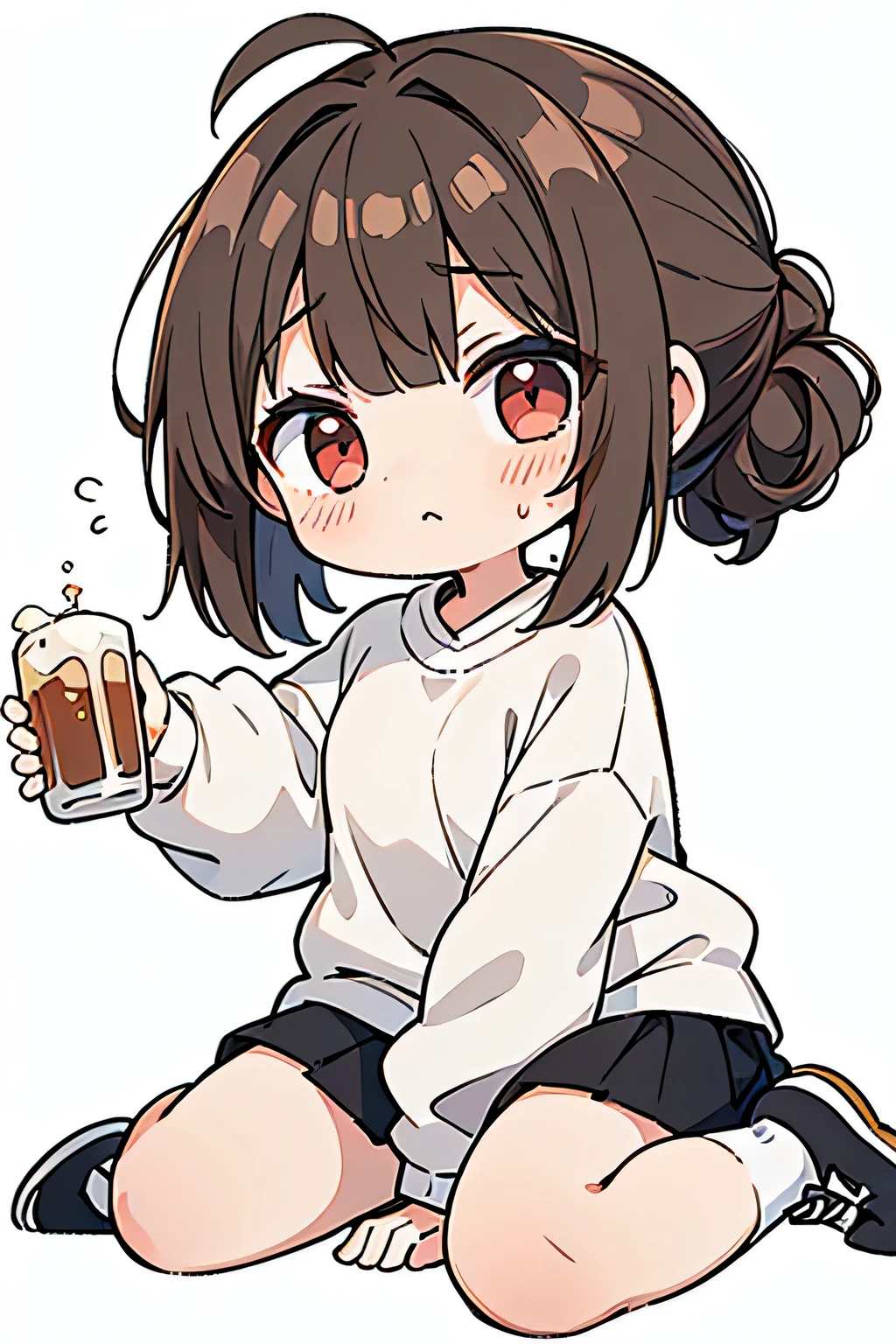 masterpiece, best quality, detailed, ((( 1 drunk girl ))), ( light brown hair ) , ( single chignon hairstyle:1.3 ), ( the bangs are even:1.3 ), ahoge , small breasts , ( oversized white sweatshirts on tight black inner:1.3 ) , short length black skirts , big gray sneaker , white ankle socks , slender style, ( facing the front ) , ( blush deep drunk face:1.2 ) , ((( chibi character ))) , upper body , ( from front:1.3 ) , deep red big eye , ( simple white background:1.3 ) , ( have alcohol can )