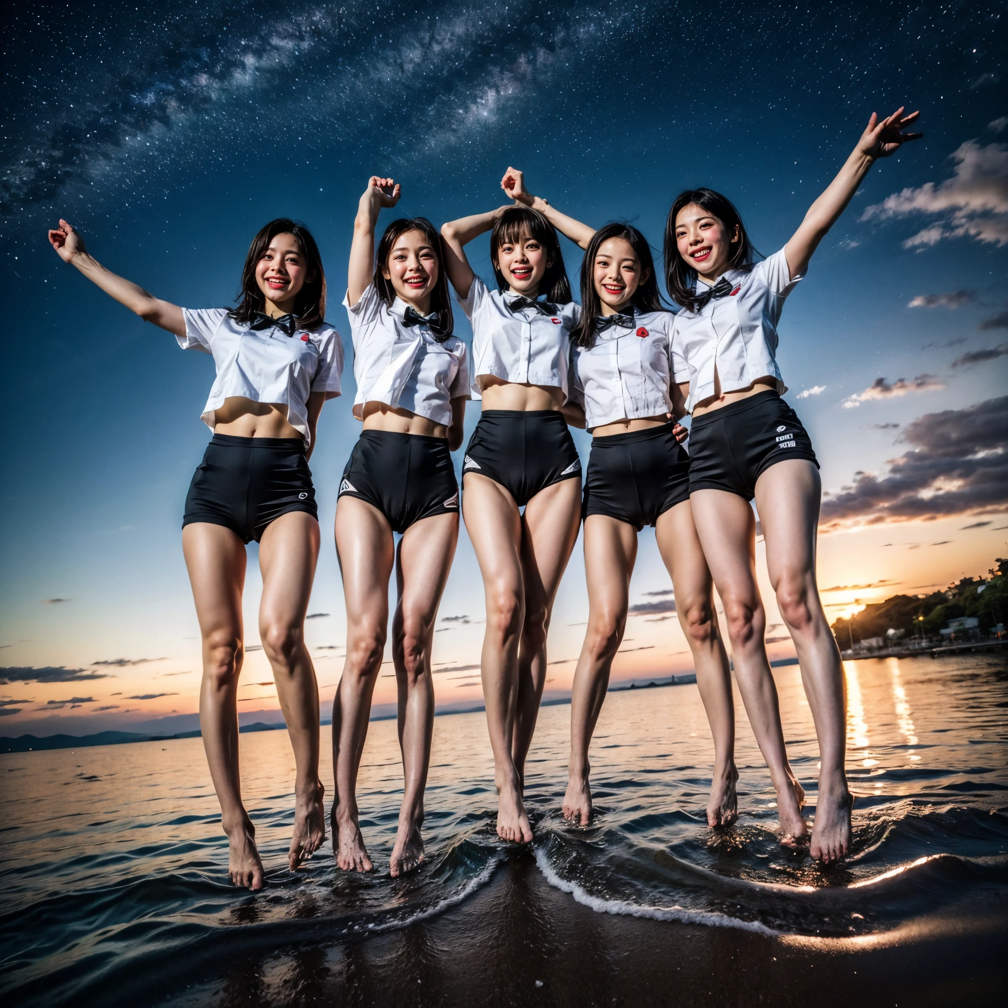 Masterpiece of ProfessionalPhoto ((ExtremelyDetailed (12 PICHIPICHI KAWAII Girls Floating in The Air in a row:1.37) in WHITE at Dusk Enoshima Beach)), {(Standing Full Body:1.2)|(from below:1.2)|Detailed KAWAII face}, Different types of hair colors, {(skinny(school swimwear))|(SchoolUniform)with Skinny AthleticShorts}, {(Corrected Childish hand)|Hidden hand|Different types of breasts|(Clearly Visible the shape of Butt)}, Joyful Expressions LifeLike Rendering, PerfectLighting, (Dazzling Horizon Visible through ThighGap), (Starry IridescentParticles:1.22) ColorfulClouds