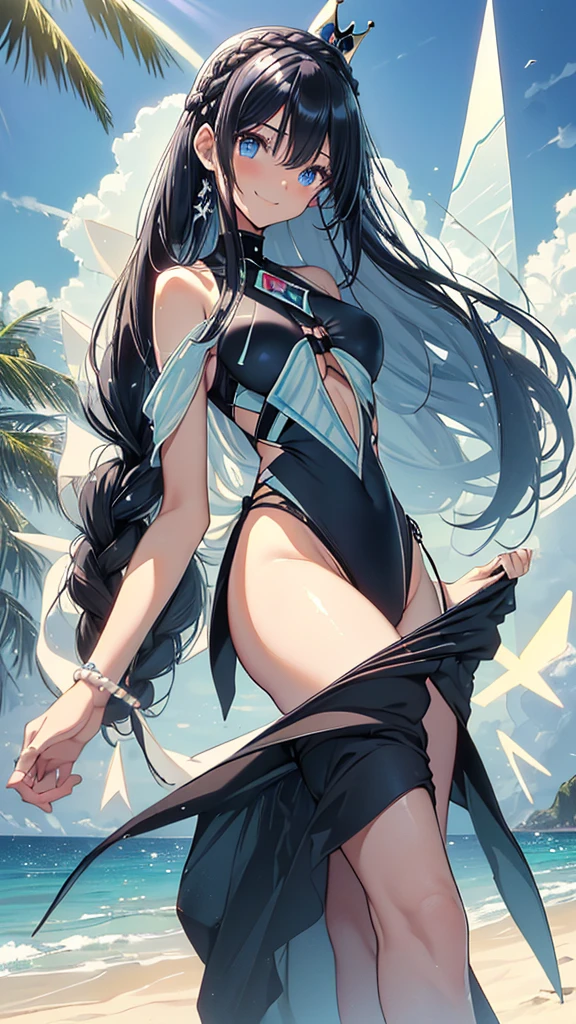 best quality, extremely detailed,anime style girl,long hair down to the waist, straight hair, ((dark black hair with bluish)),((crown braid)),beautiful detailed eyes, pinched eyes, (dark blue eyes),huge breasts,curvy,((((Mystical atmosphere  transparency dressswimwear)))),clothing with complex patterns,smile,((((casual beach)))),Sunlight,((((Diagonal angle)))),dynamic angle,((active pose))