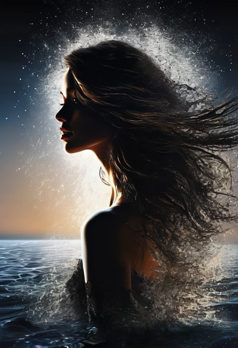 Digital painting of the full-length silhouette of a beautiful, beautiful and unique French model, perfect face, dark brown eyes and long cascading hair. Around it an eruption of transparent, clear and bright water particles occurs that spread into the void in all directions. Very intense and nuanced black background, very intense and dark that contrasts and accentuates the beautiful silhouette of the beautiful model. Color background that contrasts significantly with the image and highlights the joy of living. mysticism+coherent and ultrarealistic