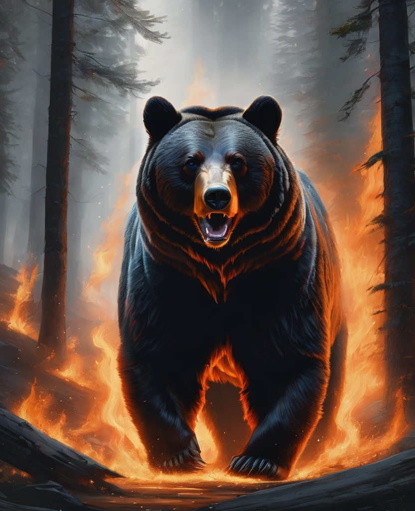 A breathtaking digital illustration captures the mesmerizing moment when a bear merges perfectly with the enchanting forest full of flames and smoke. The bear's piercing eyes emit an intense, almost supernatural, angry glow, while its mane blends harmoniously with koumae. The background is a white canvas with a striking contrast between the transformation of the angry bear and the flames consuming the forest. The surreal and mystical atmosphere evoked by this captivating scene blurs the line between reality and fantasy, leaving the viewer in awe of the bear's mesmerizing metamorphosis.