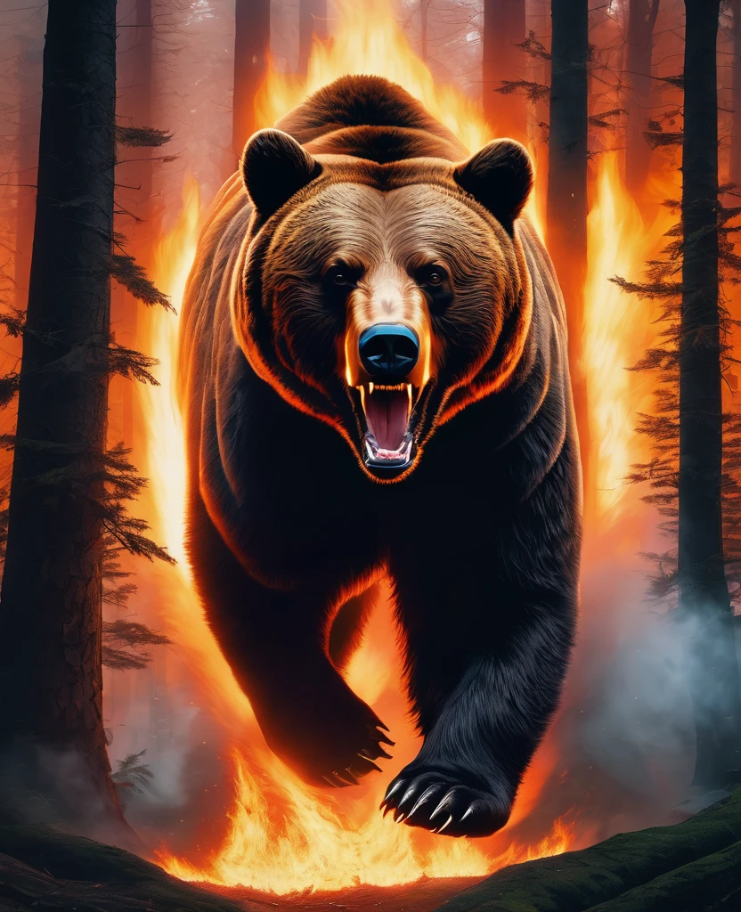 A breathtaking digital illustration captures the mesmerizing moment when a bear merges perfectly with the enchanting forest full of flames and smoke. The bear's piercing eyes emit an intense, almost supernatural, angry glow, while its mane blends harmoniously with koumae. The background is a white canvas with a striking contrast between the transformation of the angry bear and the flames consuming the forest. The surreal and mystical atmosphere evoked by this captivating scene blurs the line between reality and fantasy, leaving the viewer in awe of the bear's mesmerizing metamorphosis.