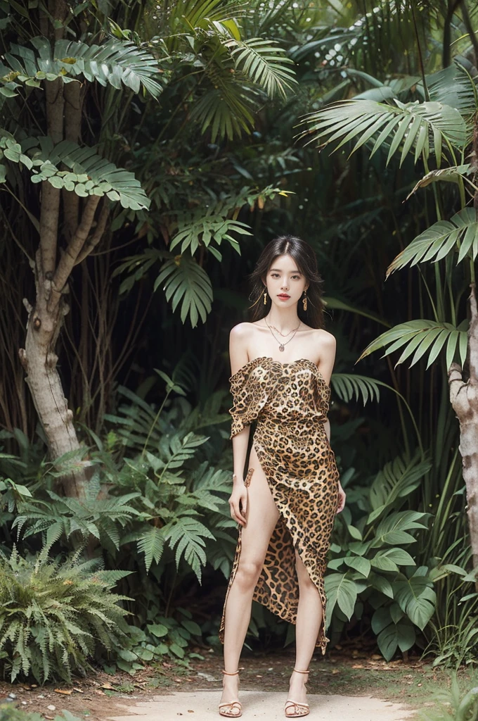 (((best quality))),(((ultra detailed))),(((masterpiece))),illustration,((1 beautiful girl,solo)),(shoulder length messy hair:1.2),((Beast bone earrings and necklace)),((slim,thin)),((small breasts,flat chest)),(slender legs:1.2),fair complexion,(leopard print dress:1.3),(standing:1.3),(arms behind back:1.3),seductive,wild spirit,lush forest,primitive,tall trees,green canopy, sunlight filter,scent of earth,bird chirping,small creatures,secluded spot,captivating,enigmatic,raw energy,untamed spirit,morden day Eve,Garden of Eden,playful,adventurous,striking appearance,exotic setting,summertime,heat,humidity,vibrant colours,endless possibilities,exquisite detail,expansive wilderness,feminine allure,((from front,full body))