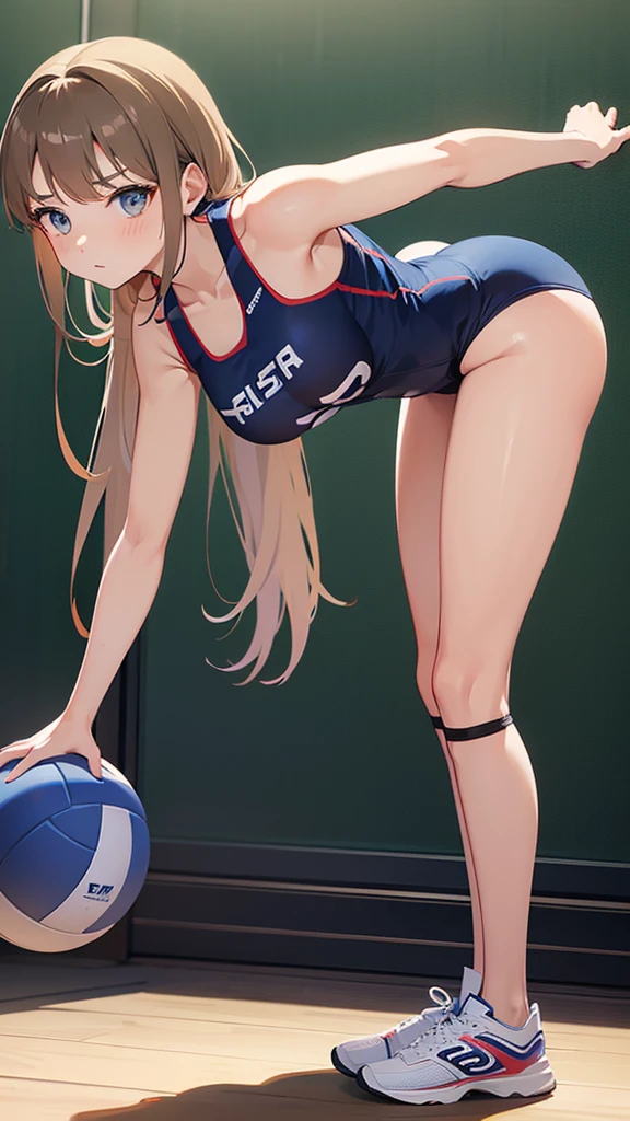 Girl with a volleyball、Leaning forward、Bend、whole body、Are standing、front