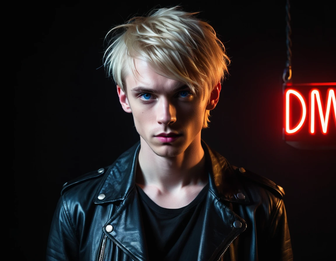 Hyper realistic, dark vibes, solo, young man, facing camera, 22 years, pale skin, model (skinny:1.2), blue eyes, (short messy textured blond hair:1.2), side swept fringe, black leather jacket, holding sharp knife, dark lighting, background (night BDSM club:1.2), foreboding, sexy, attractive, demon, incubus, evil, dark, sadistic expression (smirk:1.1), (red neon sign din background "CONTEXT":1.2)