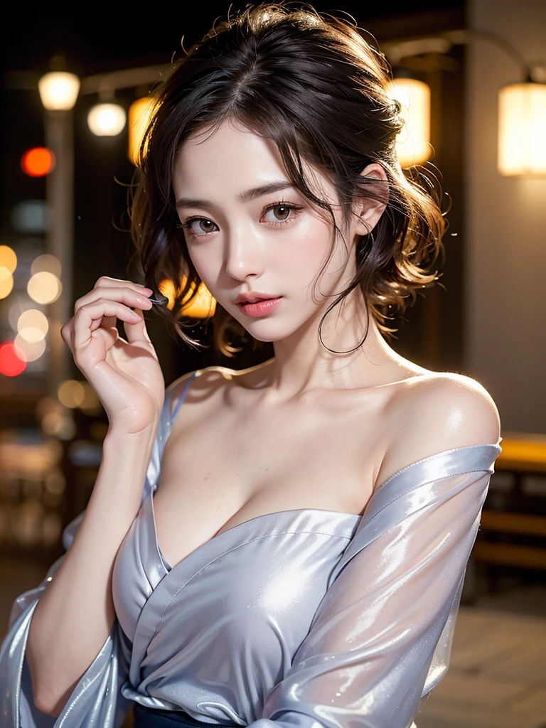 Mix 4, (8k, Live Shooting, Highest quality, masterpiece: 1.2), (Real, Photorealistic: 1.37), 一人のgirl, cute, night, rain, Wetty, Professional Lighting, Photon Mapping, Radio City, Physically Based Rendering, Gradient black hair, Gray Hair, Short Curly Hair, good looking, girl, Highest quality写真, High resolution, 1080P, (Clear Face), (Detailed face description), (Detailed hand description), (masterpiece), (Exquisite CG)、Extreme light and shadow、Disheveled Hair、Masterwork、Rich details、(Fine facial features)、(Highest qualityの写真)、(Masterpiece)、(Detailed eyes)、Look in front of you、Detailed clavicle、((Mid-breasted))、Nipple erection、Sexy、Lady、Clear、Smooth Hair、Clothes are not shiny、yukata、firework、kimono、